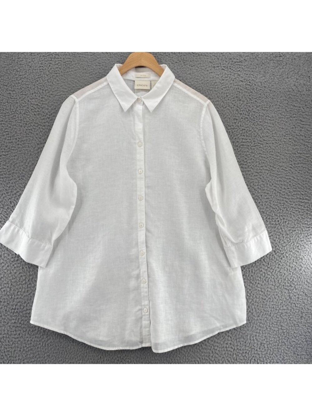 Chicos Shirt Womens 2 US Large White Linen No Iron Button Up 3/4 Sleeve Collared